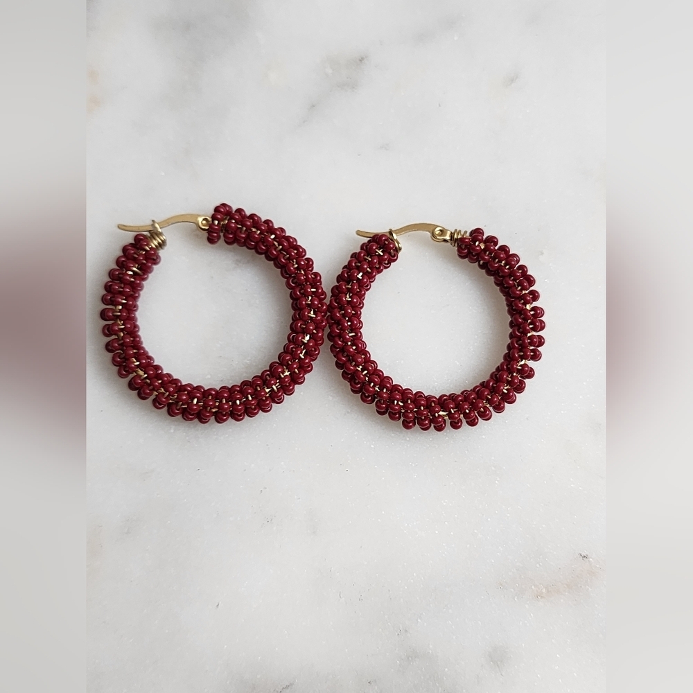 Elegant Red (No Vibrant Red ) Beaded Hoop Earrings